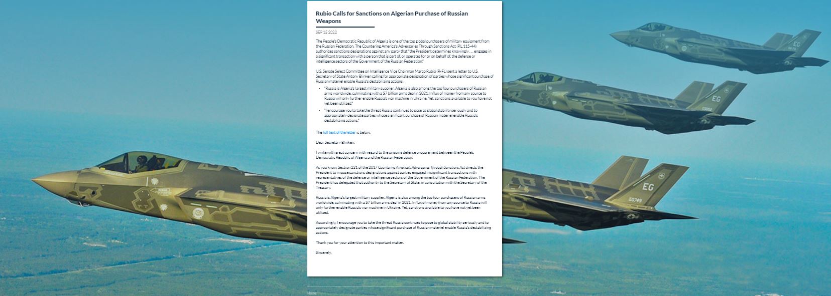سيناتور أمريكي يُراسل بلينكين لفرض عقوبات على الجزائر باعتبارها أكبر المشترين للسلاح الروسي
