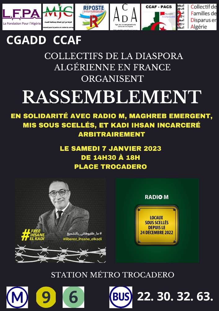 وقفة للجالية الوطنية بباريس تضامناً مع الصحفي القاضي إحسان وراديو أم