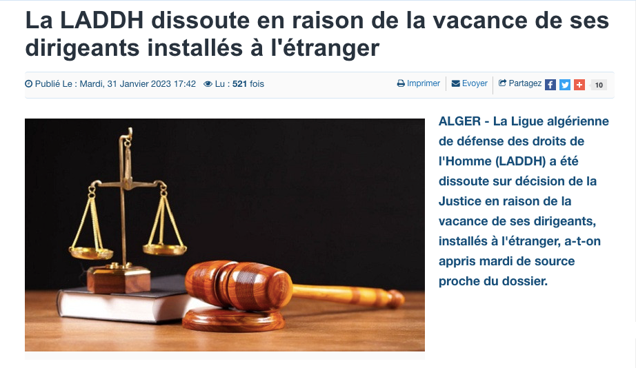 ليلى حداد، وكالة الأنباء وحل الرابطة الجزائرية للدفاع عن حقوق الانسان